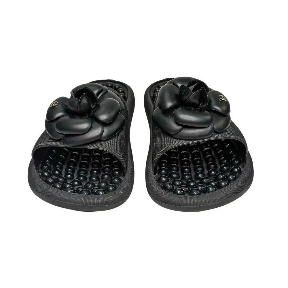 Chanel Camellia CC Mules Black Thermoplastic/PVC Slip on Slides EU 37 US 5.5-6